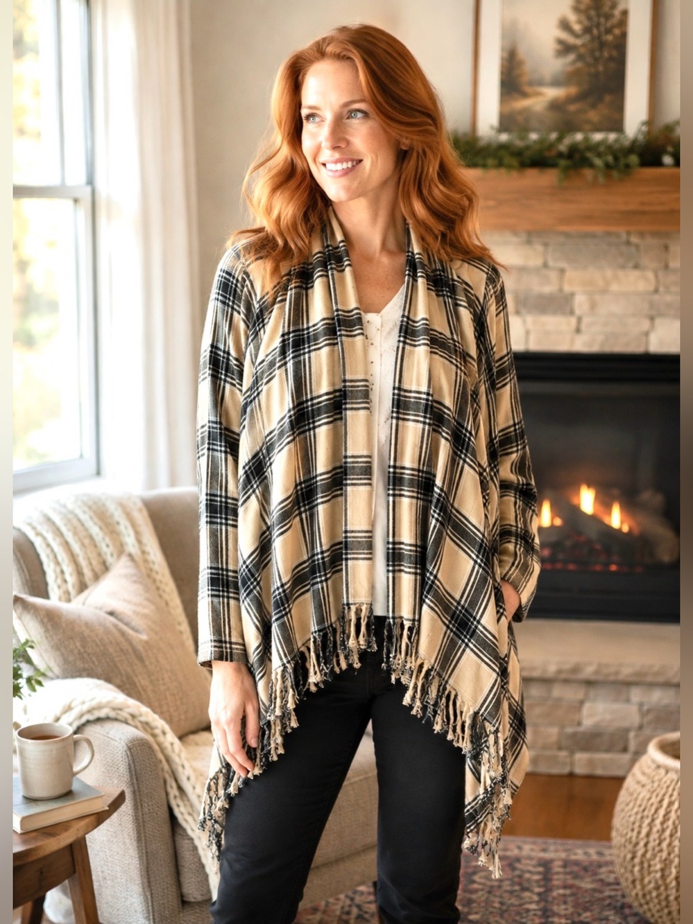 En Creme Beige Black Plaid Fringe Open-Front Flannel Shawl Cardigan S